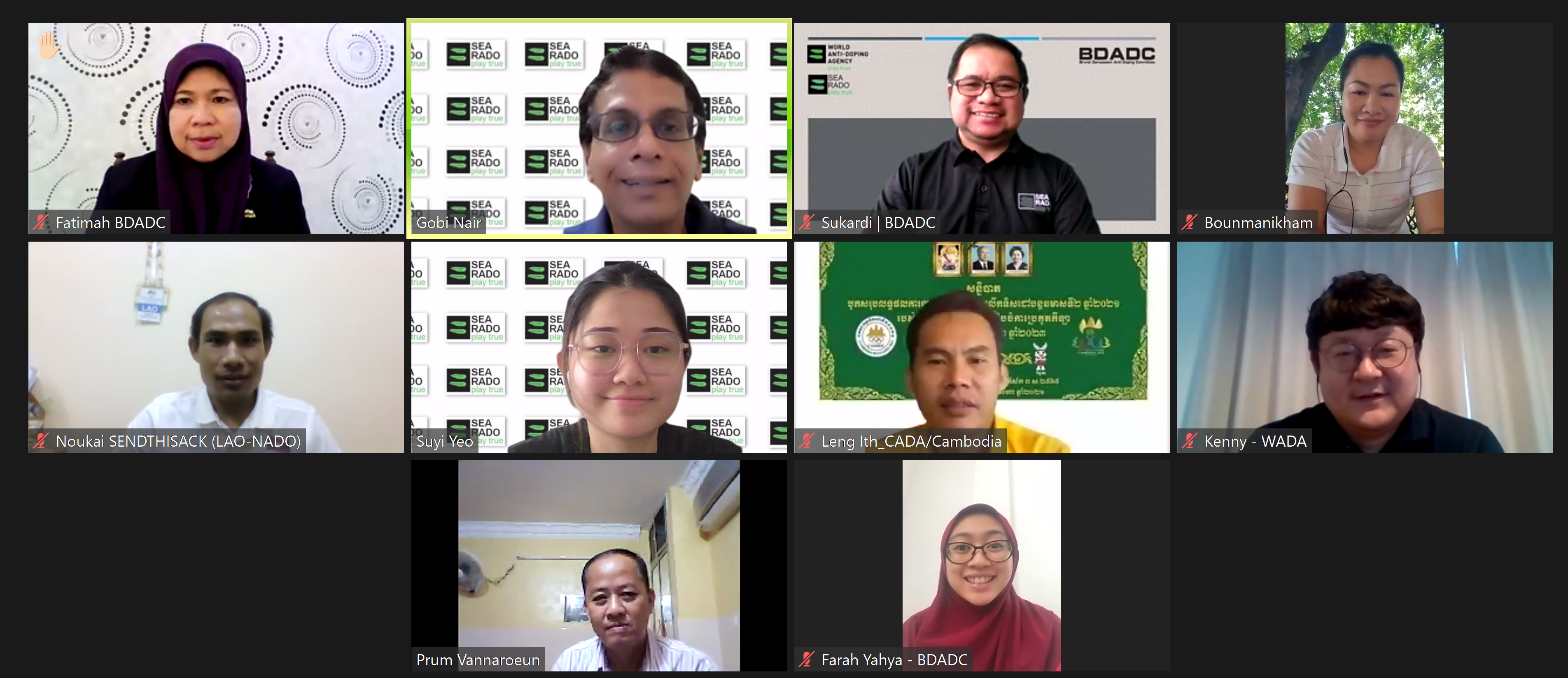 Ten participants in a video conference with name labels including BDADC, WADA, SEA RADO, and LAO-NADO representatives.
